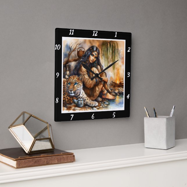 Relógio Quadrado Native Lore: Reflexão da Lua dos Olhos de Tigre (Escritório)