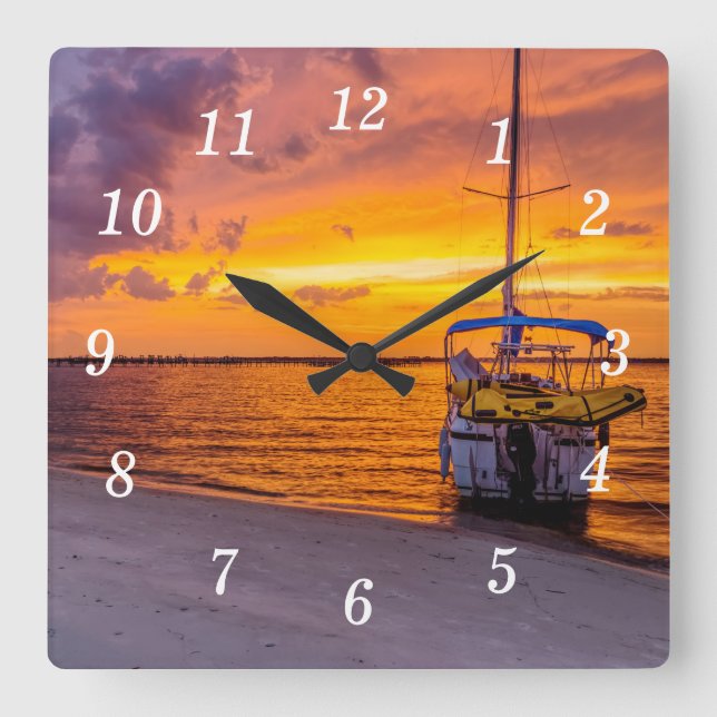 Relógio Quadrado Navarre Florida Fire Sunset Wall Clock (Frente)