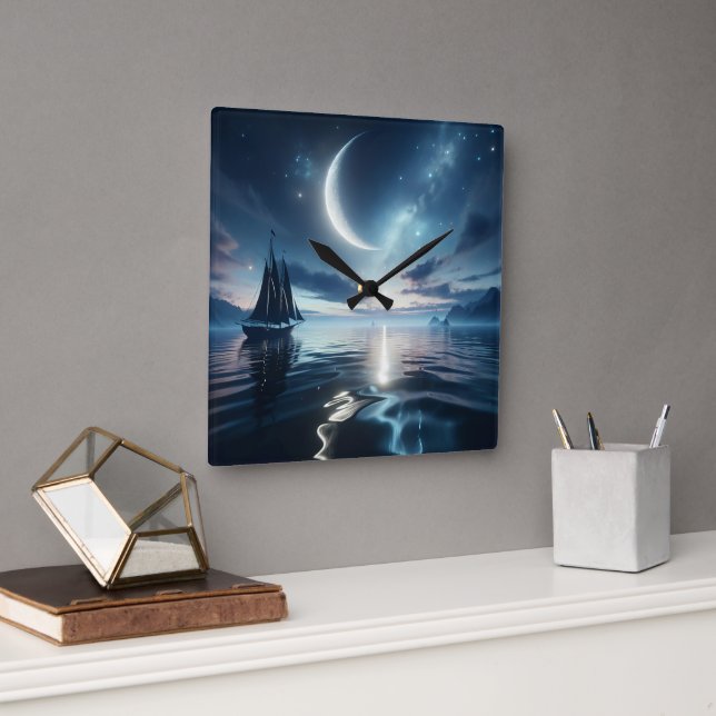 Relógio Quadrado Navegação em veleiro na água iluminada pela lua (Escritório)