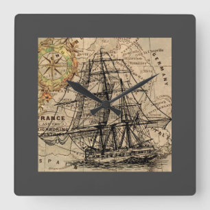 Relógio Quadrado Navio Antigo e Mapa