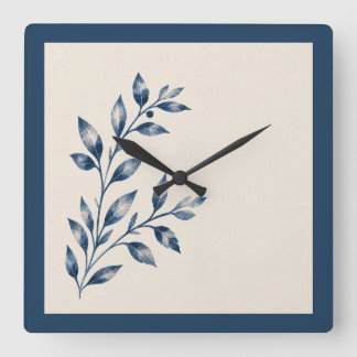Relógio Quadrado Navy Blue Foliage Minimalist Square Clock
