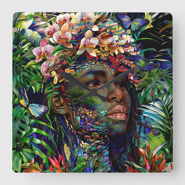 Relógio Quadrado "Nayari" - Espelhamento Da Selva - Mulheres Na Ama (Frente)