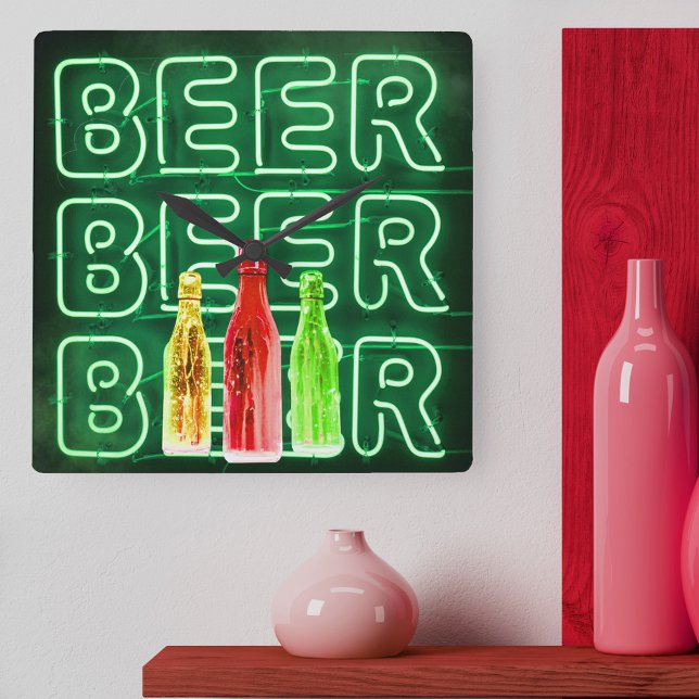 Relógio Quadrado Neon LED Beer Sinal Emerald Green (Beer Clock with mock neon bar sign design.)