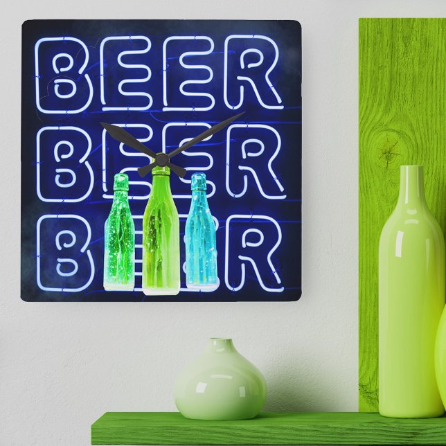 Relógio Quadrado Neon LED Beer Sinal Royal Blue (Beer Clock with mock neon bar sign design.)