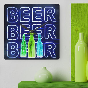 Relógio Quadrado Neon LED Sinal de cerveja azul