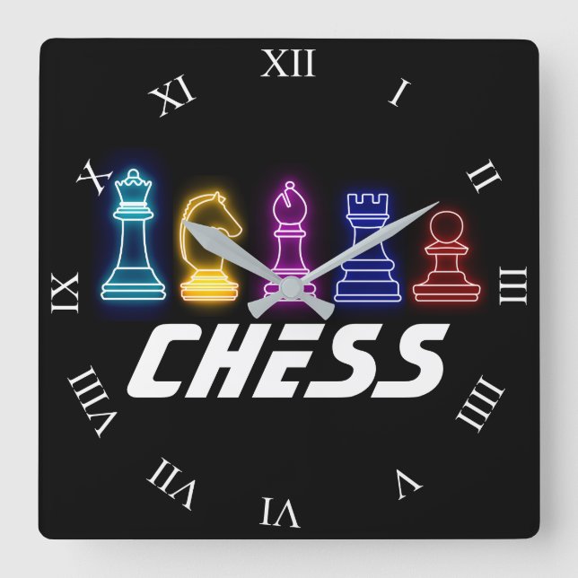 Relógio Quadrado Neon Lights Chess Pieds Chess Queen (Frente)