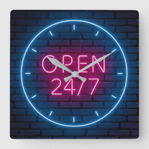 Relógio Quadrado Neon Open Sign Square Wall Clock