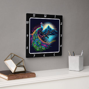 Relógio Quadrado Neon Peacock Radiante