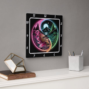 Relógio Quadrado Neon Radiant Koi Peixe Dourado