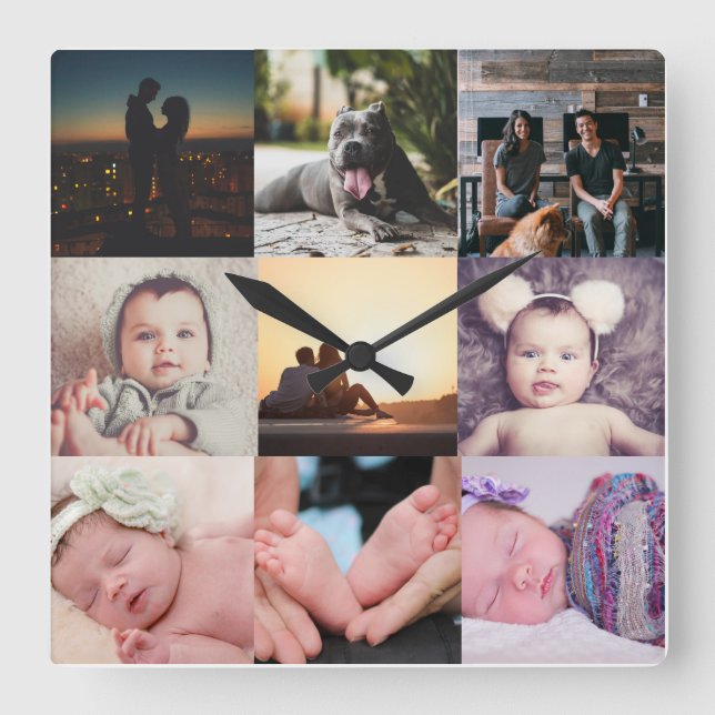 Relógio Quadrado Nine Photo Collage Modelo (Frente)