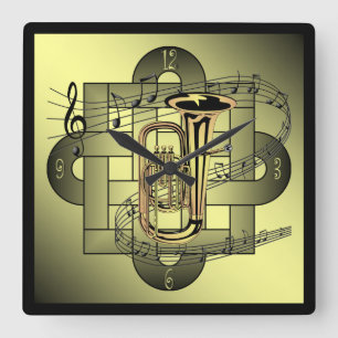 Relógio Quadrado Nó Graphic~Gold/Black de Tuba~Musical Scale~Doubl