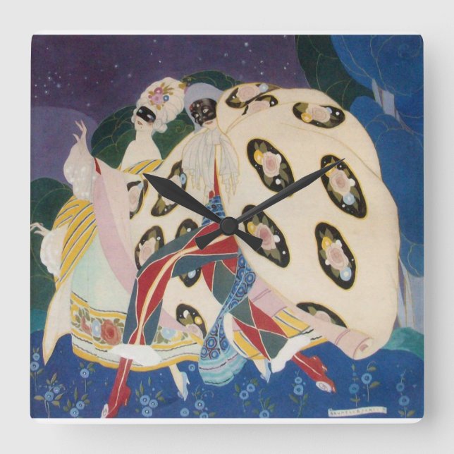 Relógio Quadrado NOCTURNE COM MASKS / Art Deco Venetian Mascarada (Frente)