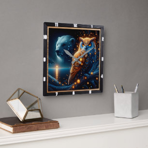 Relógio Quadrado Noite Encantada com Urso e Coruja em Harmonia