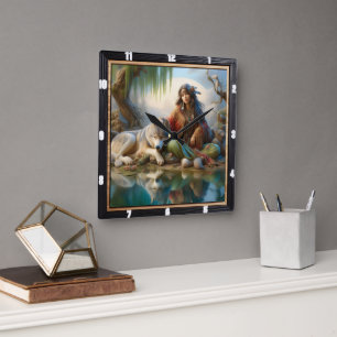 Relógio Quadrado Noite Indígena Nativa: Pinheiros Enche Calma