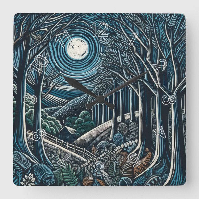 Relógio Quadrado Noite na floresta (Frente)