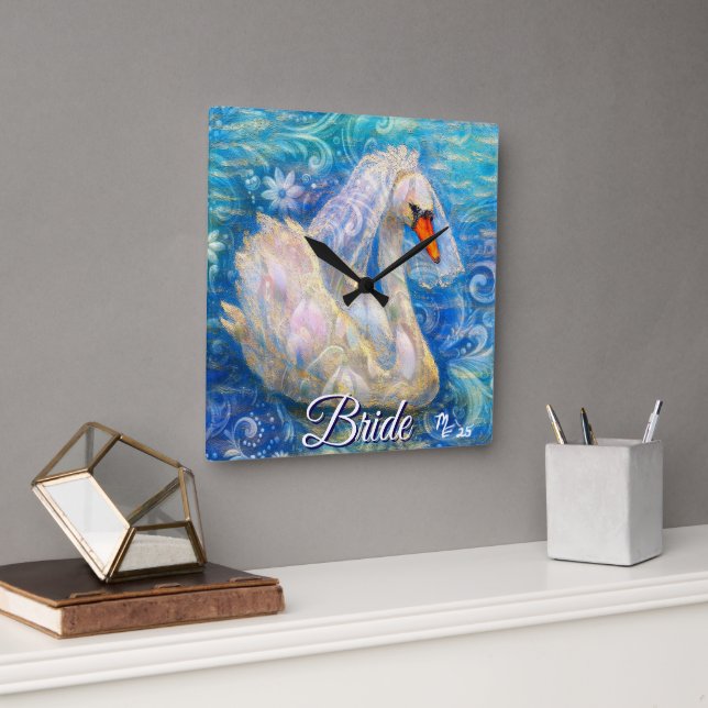 Relógio Quadrado Noiva de Cisne c/Véu em Azul-Água Branca Personali (Escritório)