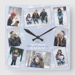 Relógio Quadrado Nome da Colagem de Fotos da Família Winter Snowfl