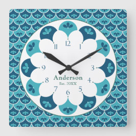 Relógio Quadrado Nome da Família de Cores Personalizadas Florais do