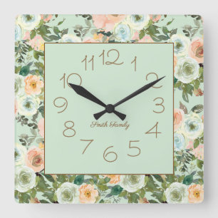 Relógio Quadrado Nome da Família Floral de Aquarela de Pêssego Mint