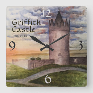 Relógio Quadrado Nome Da Família Irish Castle Watercolor Ano Est