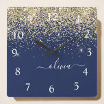 Relógio Quadrado Nome da Rapariga do Monograma de Script Azul do Ma<br><div class="desc">Relógio de Nome do Monograma do Script Glitter Glitter Azul-Sparkle Dourado e Marinho. Isto faz o doce e perfeito aniversário de 16 anos,  casamento,  chá de panela,  aniversário,  chá de fraldas ou festa de solteira presente para alguém que ama luxo de luxo e estilos quíticos.</div>