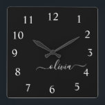 Relógio Quadrado Nome da Rapariga do Monograma de Script Branco Pre<br><div class="desc">Relógio de Nome do Monograma de Script Branco e Preto. Isto faz o doce e perfeito aniversário de 16 anos,  casamento,  chá de panela,  aniversário,  chá de fraldas ou festa de solteira presente para alguém que ama luxo de luxo e estilos quíticos.</div>