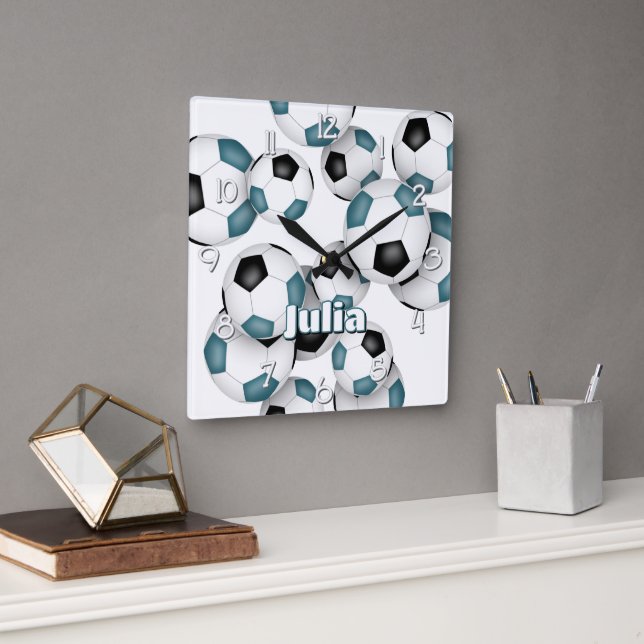 Relógio Quadrado nome de atleta personalizado futebol negro teal (Escritório)