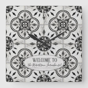 Relógio Quadrado Nome de família de madeira do teste padrão do