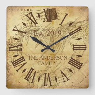 Relógio Quadrado Nome de Família Elegante Vintage numeral romano rú
