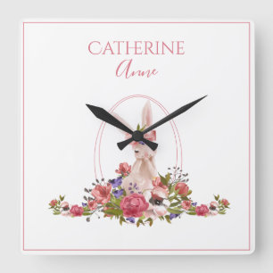 Relógio Quadrado Nome de Rapariga Floral, Coelhinha, Rosa