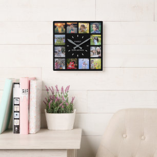 Relógio Quadrado Nome do monograma de colagem de fotos da família 