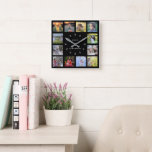 Relógio Quadrado Nome do monograma de colagem de fotos da família n<br><div class="desc">Moderno relógio de colagem de fotos da família negra. Adicione suas próprias fotos pessoais e seu nome para personalizar o relógio e você criará um relógio muito pessoal e exclusivo.</div>