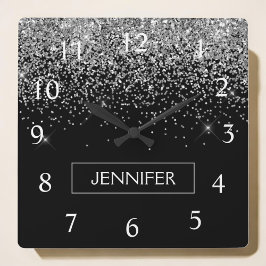 Relógio Quadrado Nome do Monograma Girly Negra Silver Glitter