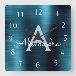 Relógio Quadrado Nome do Monograma Metálico Moderno Azul