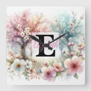 Relógio Quadrado Nome do monograma na aquarela Flores nos pastéis