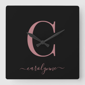 Relógio Quadrado Nome do Script do Monograma Dourado Rosa Minimalis