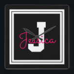 Relógio Quadrado Nome e Monograma do Quadro de Cons | Preto branco<br><div class="desc">Nome e monograma perfeitamente personalizáveis.</div>