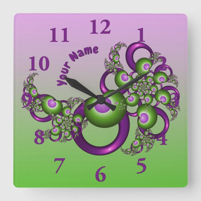 Relógio Quadrado Nome Fractal Abstrato de Corações Verdes, Rosa, (Frente)