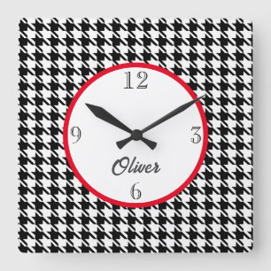 Relógio Quadrado Nome, Padrão de Houndstooth 10,75-in Wall Clock