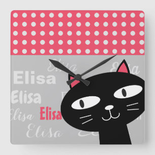 Relógio Quadrado Nome personalizado de bolinhas cor-de-rosa de gato
