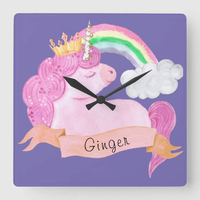 Relógio Quadrado Nome Personalizado do 🌈 Rainbow Unicorn (Frente)