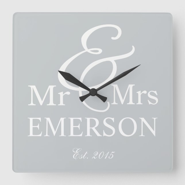 Relógio Quadrado Nome personalizado do Sr & Sra. (Frente)