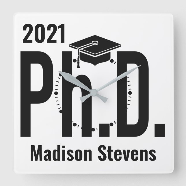 Relógio Quadrado Nome personalizado e ano Ph.D. (Frente)