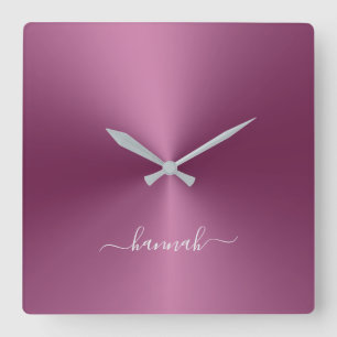 Relógio Quadrado Nome Personalizado Estilo Metálico Magenta Acríl