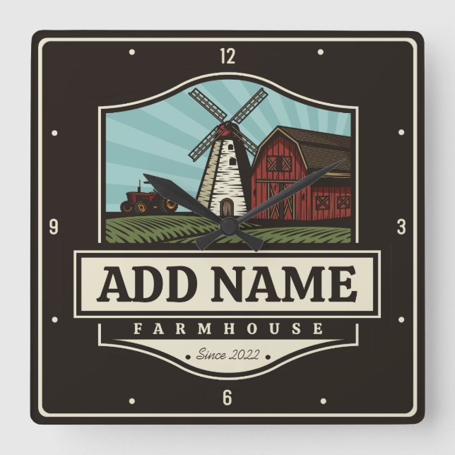 Relógio Quadrado NOME Personalizado Farmhouse Rustic Farmhouse Old  (Frente)