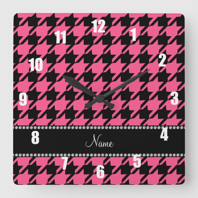 Relógio Quadrado Nome personalizado houndstooth preto rosa (Frente)