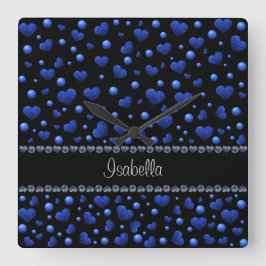 Relógio Quadrado Nome personalizado, padrão de brilho cardíaco azul