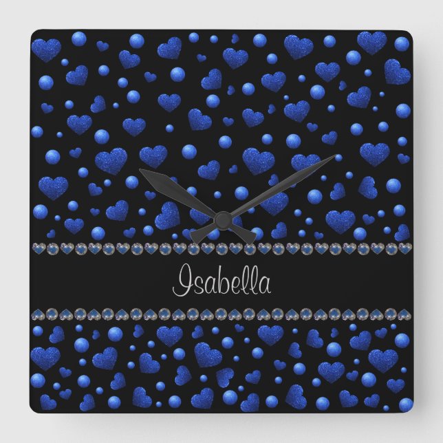 Relógio Quadrado Nome personalizado, padrão de brilho cardíaco azul (Frente)