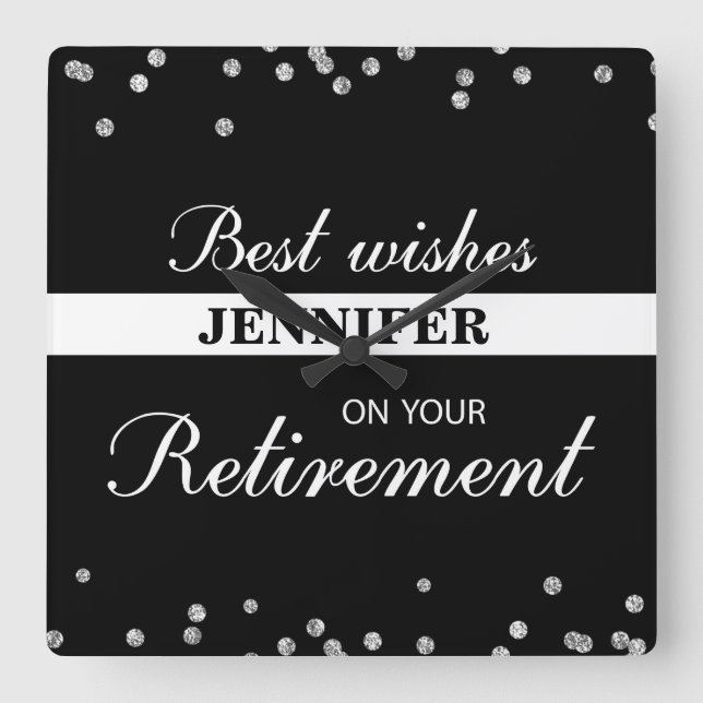 Relógio Quadrado Nome Personalizado, Parabéns de Reforma Preto (Frente)