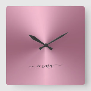 Relógio Quadrado Nome Personalizado Rosegold - Estilo Metálico Acr